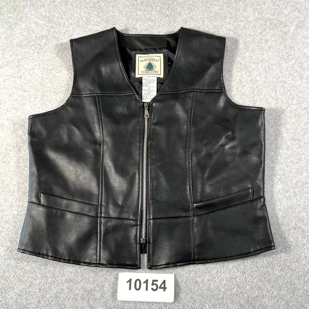 Vintage Northwest Territory Faux Leather Vest Mens Medium Black Lined Full Zip